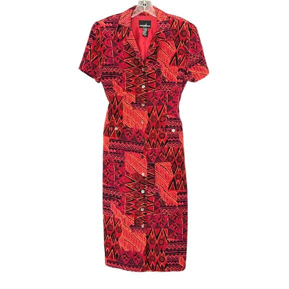 Vintage 90’s Red Abstract Lined Button Up Midi Dress - Picture 4 of 7